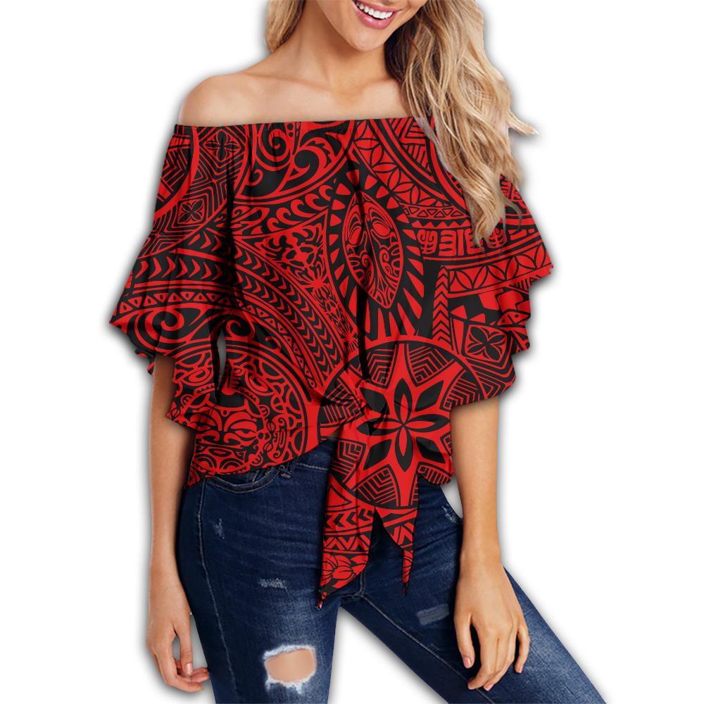 Polynesian Hawaiian Style Tribal Tattoo Red Hawaii Women's Off Shoulder Wrap Waist Top Red Female - Polynesian Pride