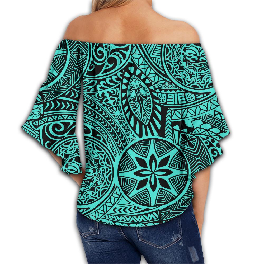 Polynesian Hawaiian Style Tribal Tattoo Turquoise Hawaii Women's Off Shoulder Wrap Waist Top - Polynesian Pride