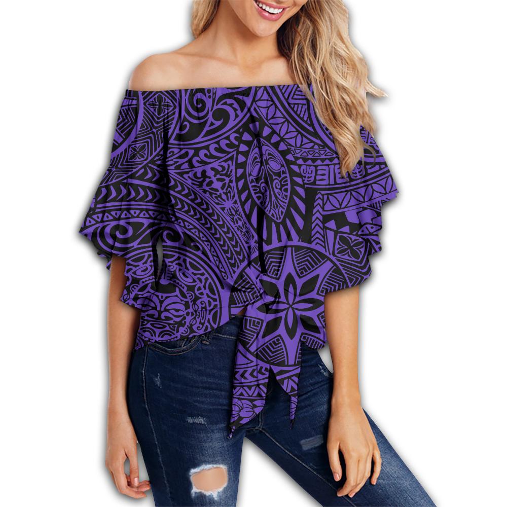 Polynesian Hawaiian Style Tribal Tattoo Violet Hawaii Women's Off Shoulder Wrap Waist Top Violet Female - Polynesian Pride