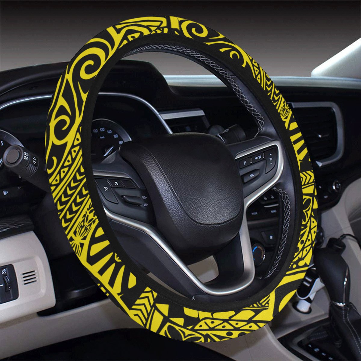 Polynesian Hawaiian Style Tribal Tattoo Yellow Hawaii Steering Wheel Cover with Elastic Edge - Polynesian Pride