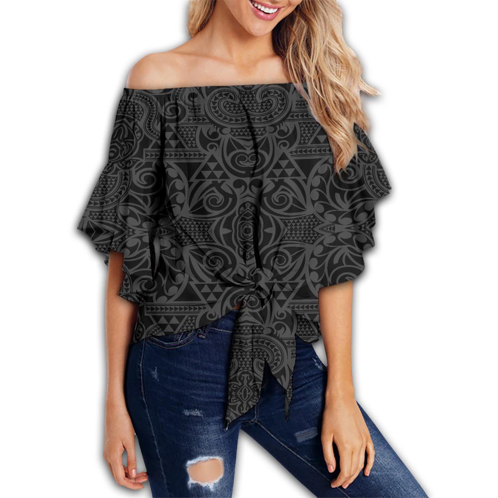 Polynesian Kakau Turtle Gray Hawaii Women's Off Shoulder Wrap Waist Top Gray Female - Polynesian Pride