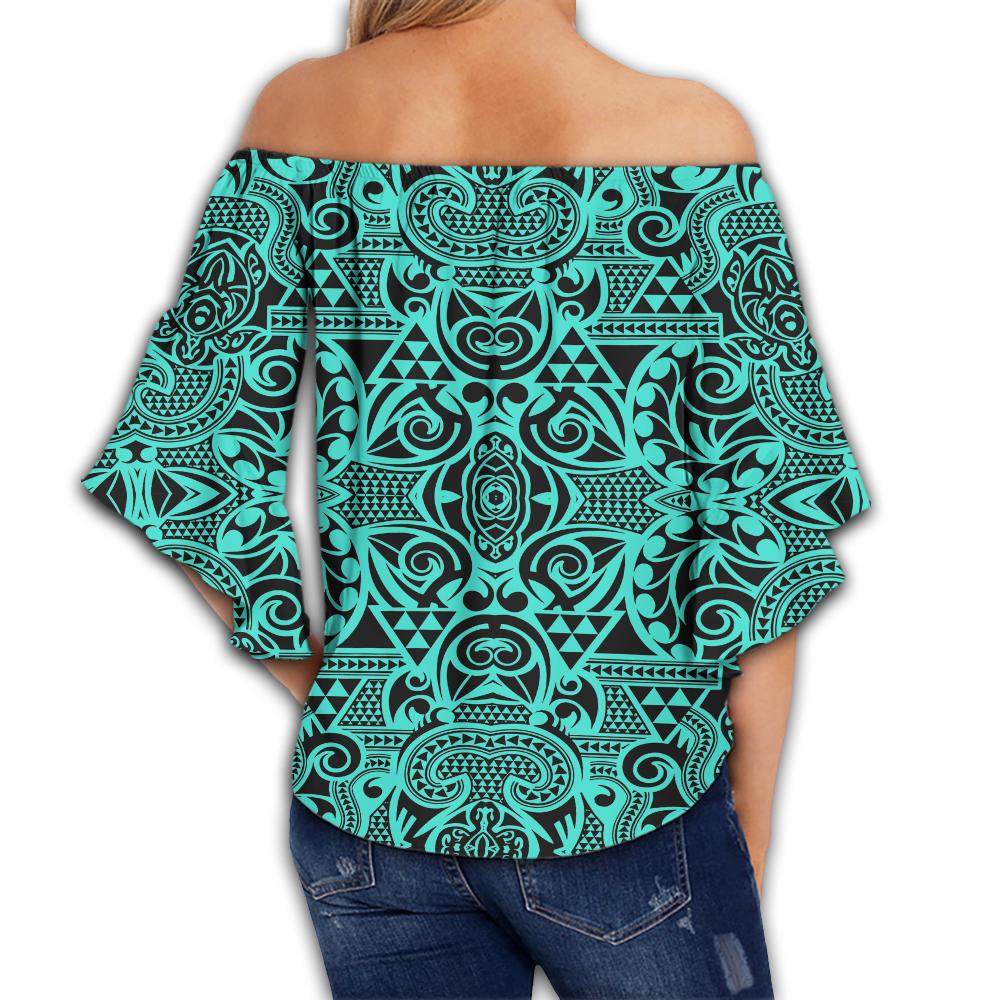 Polynesian Kakau Turtle Turquoise Hawaii Women's Off Shoulder Wrap Waist Top - Polynesian Pride