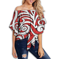Polynesian Maori Ethnic Ornament Red Hawaii Women's Off Shoulder Wrap Waist Top Red Female - Polynesian Pride