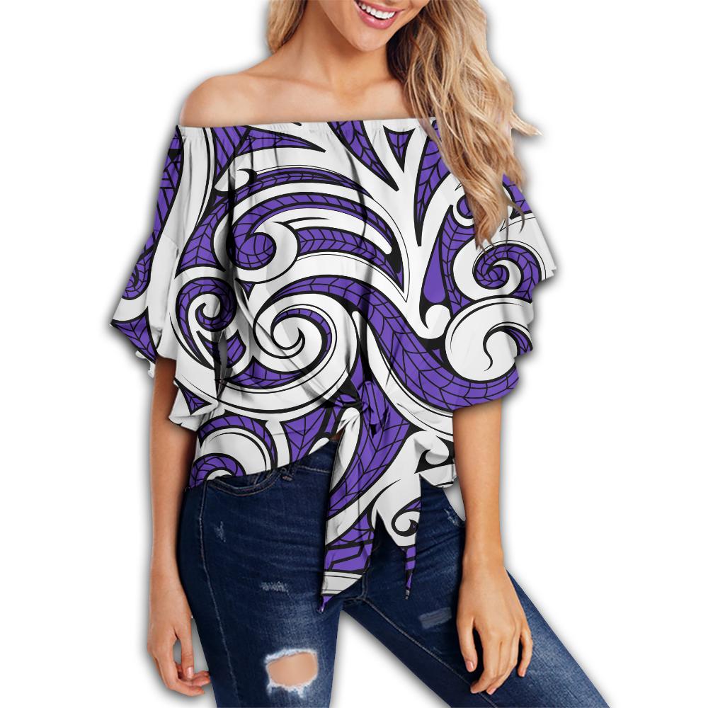 Polynesian Maori Ethnic Ornament Violet Hawaii Women's Off Shoulder Wrap Waist Top Violet Female - Polynesian Pride