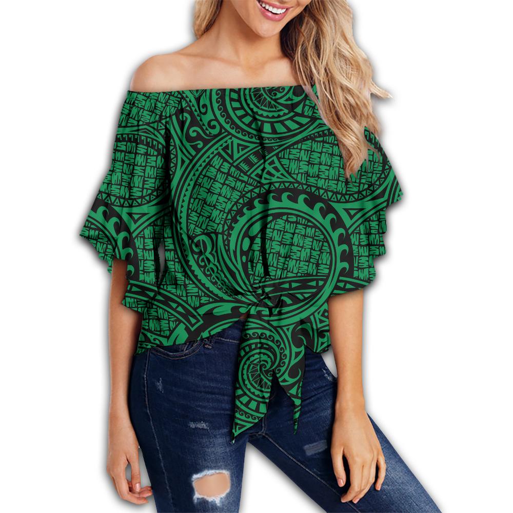 Polynesian Maori Lauhala Green Hawaii Women's Off Shoulder Wrap Waist Top Green Female - Polynesian Pride