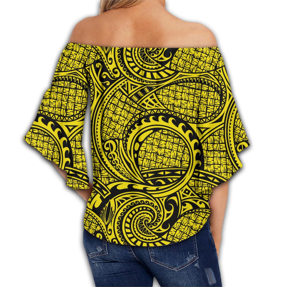 Polynesian Maori Lauhala Yellow Hawaii Women's Off Shoulder Wrap Waist Top - Polynesian Pride