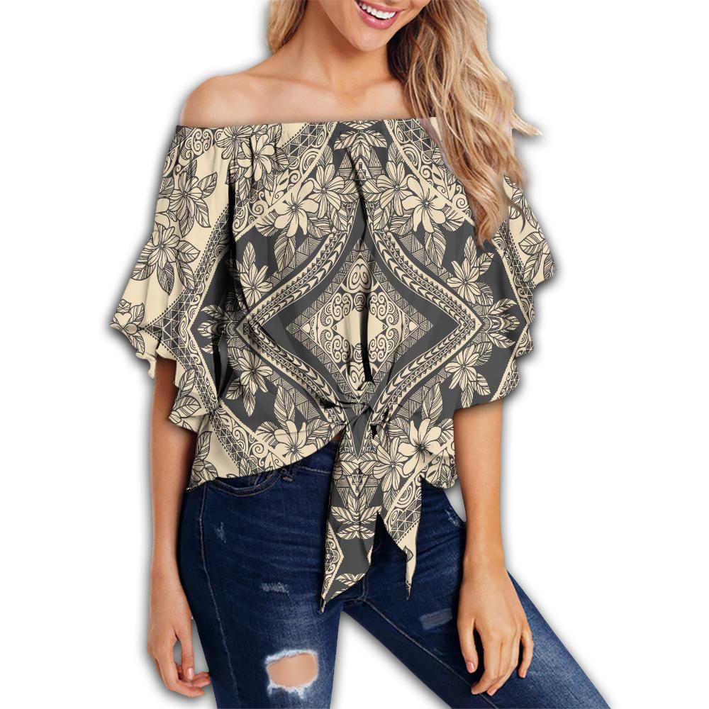 Polynesian Plumeria Mix Gray Hawaii Women's Off Shoulder Wrap Waist Top Gray Female - Polynesian Pride