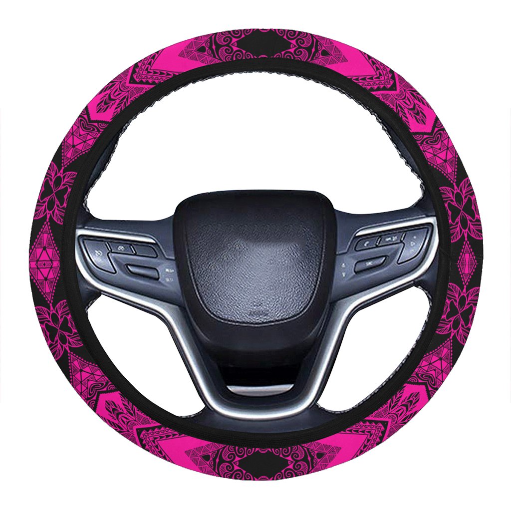 Polynesian Plumeria Mix Pink Black Hawaii Steering Wheel Cover with Elastic Edge One Size Pink Steering Wheel Cover - Polynesian Pride