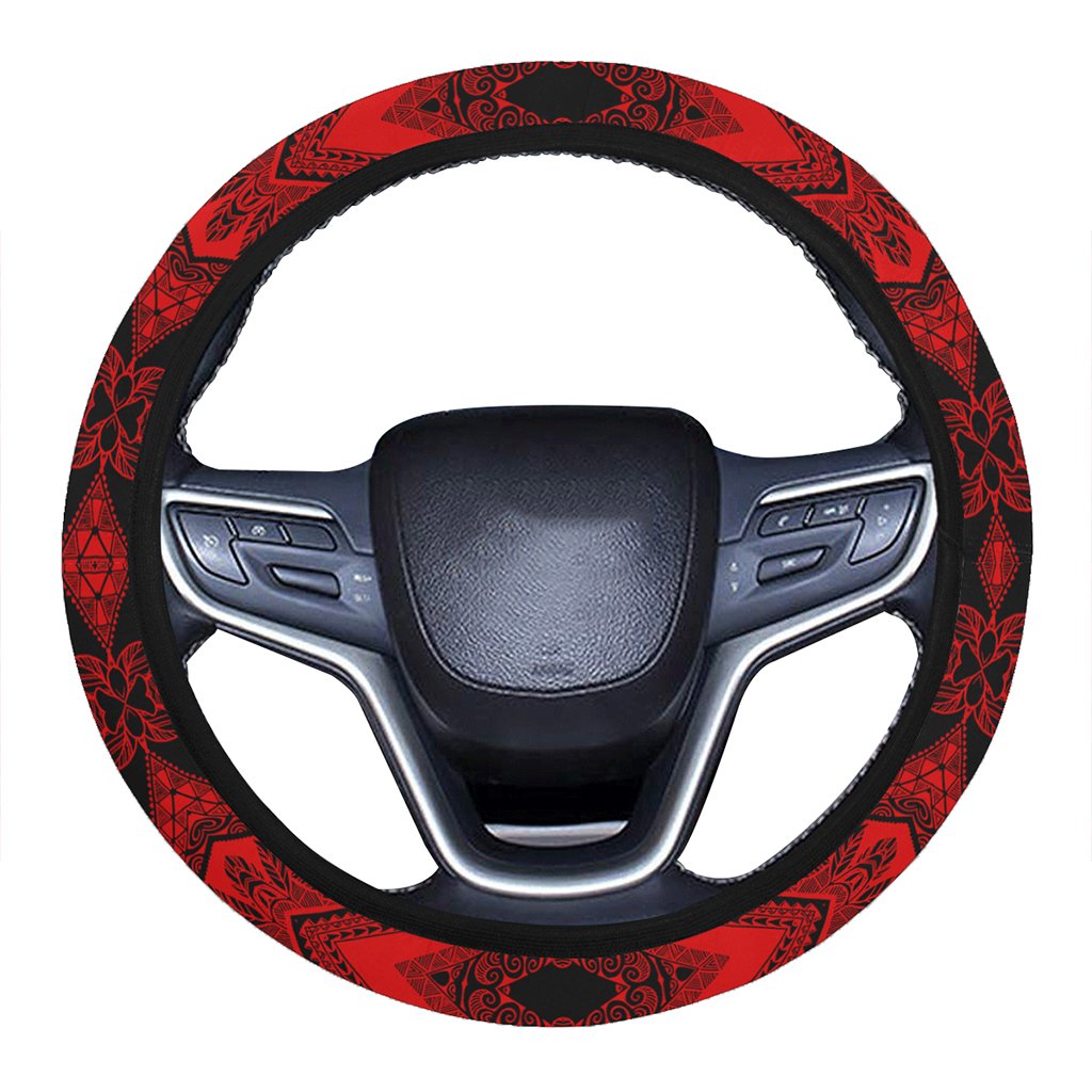 Polynesian Plumeria Mix Red Black Hawaii Steering Wheel Cover with Elastic Edge One Size Red Steering Wheel Cover - Polynesian Pride
