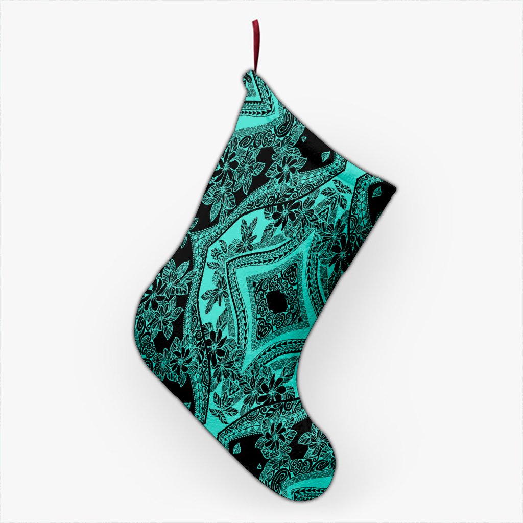 Polynesian Plumeria Mix Turquoise Black Christmas Stocking 26 X 42 cm Turquoise Christmas Stocking - Polynesian Pride