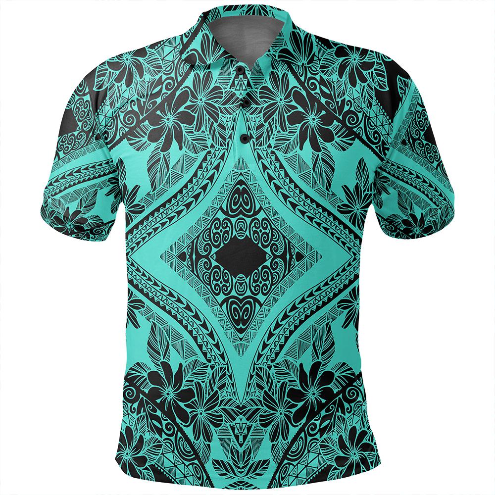 Unisex Polynesian Plumeria Mix Turquoise Black Polo Shirt - Polynesian Pride