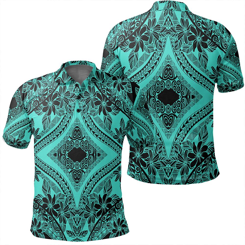 Unisex Polynesian Plumeria Mix Turquoise Black Polo Shirt Unisex Art - Polynesian Pride