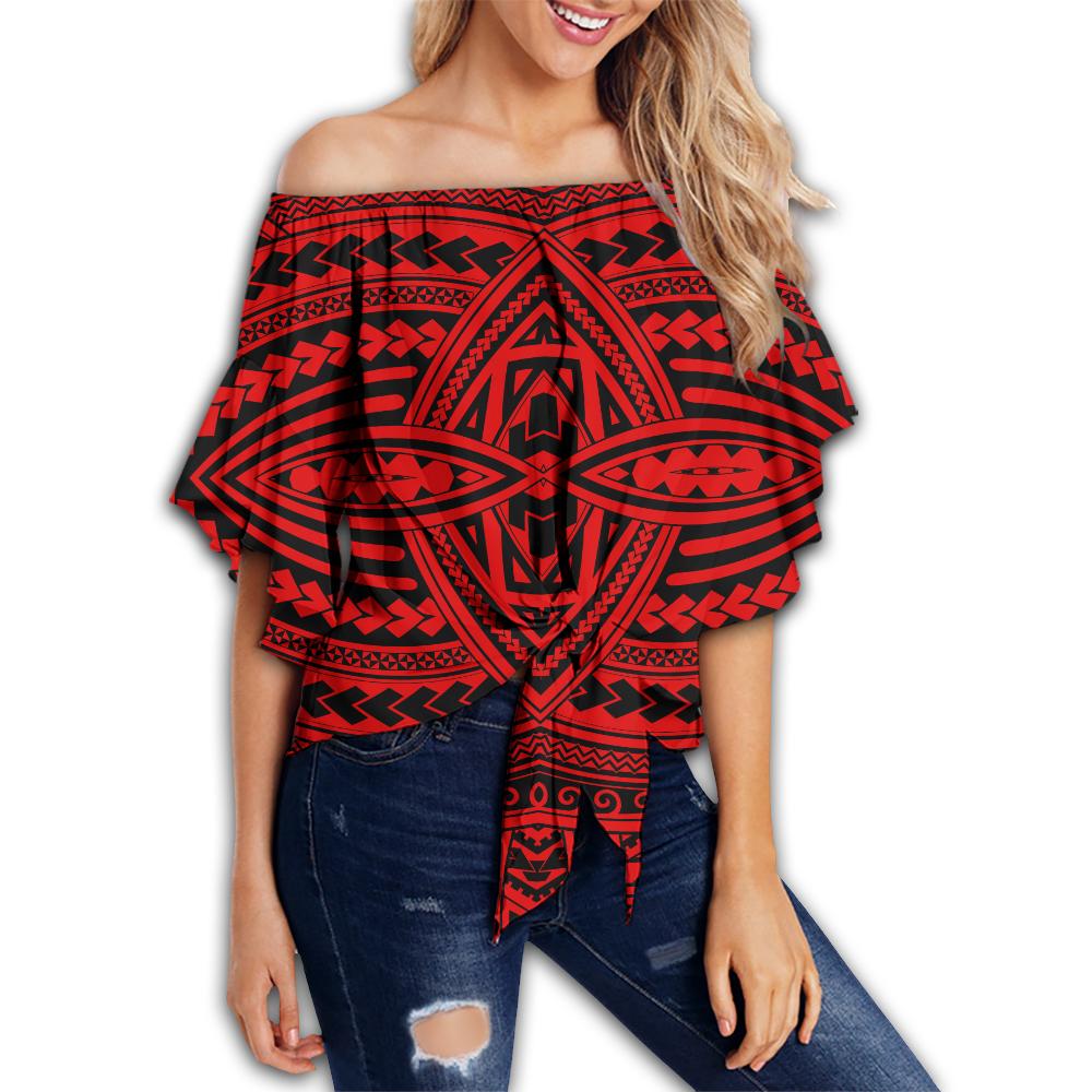 Polynesian Seamless Red Hawaii Women's Off Shoulder Wrap Waist Top Red Female - Polynesian Pride