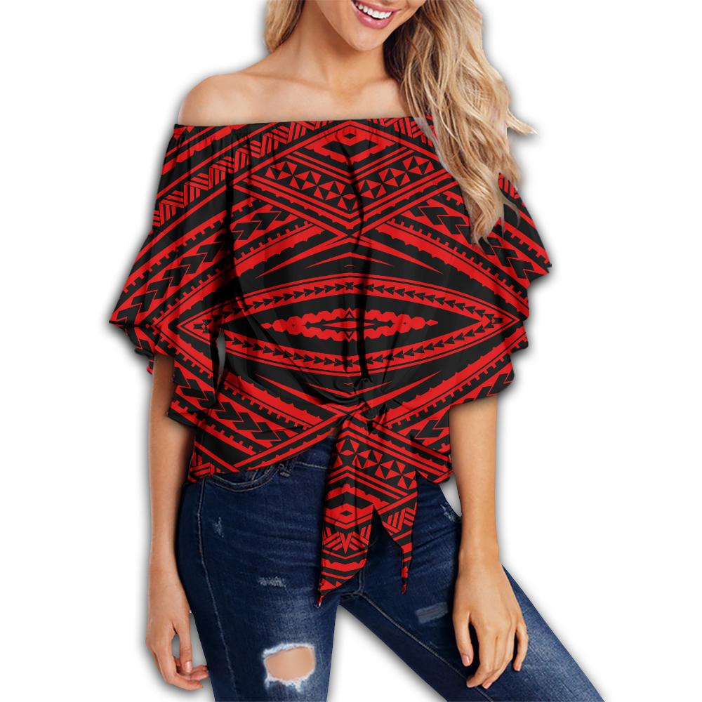 Polynesian Tatau Red Hawaii Women's Off Shoulder Wrap Waist Top Red Female - Polynesian Pride