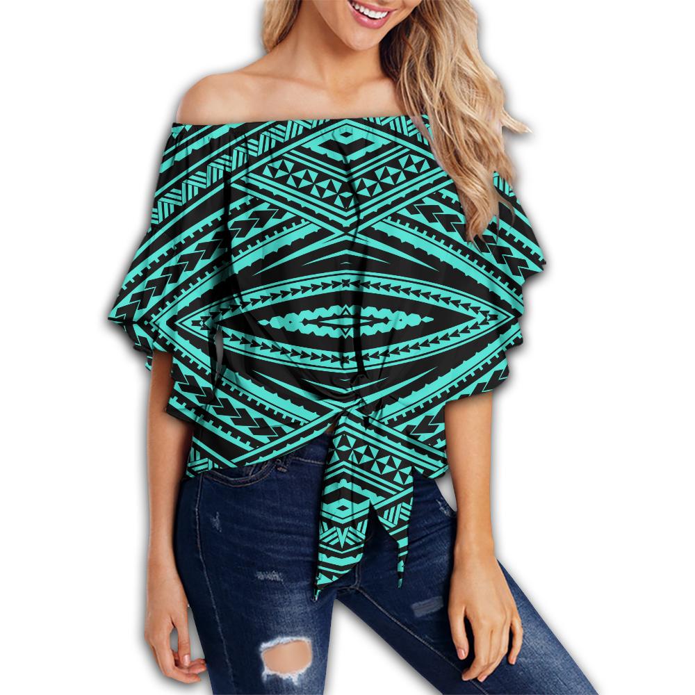 Polynesian Tatau Turquoise Hawaii Women's Off Shoulder Wrap Waist Top Turquoise Female - Polynesian Pride