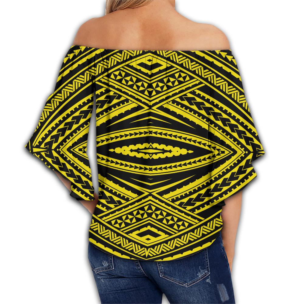 Polynesian Tatau Yellow Hawaii Women's Off Shoulder Wrap Waist Top - Polynesian Pride