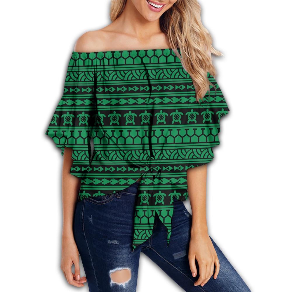 Polynesian Tattoo tribal Green Hawaii Women's Off Shoulder Wrap Waist Top Green Female - Polynesian Pride