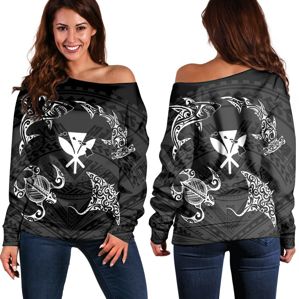 Polynesian Turtle Hammerhead Shark Ray Kanaka Hawaii Women's Off Shoulder Sweater Circle - AH Black - Polynesian Pride