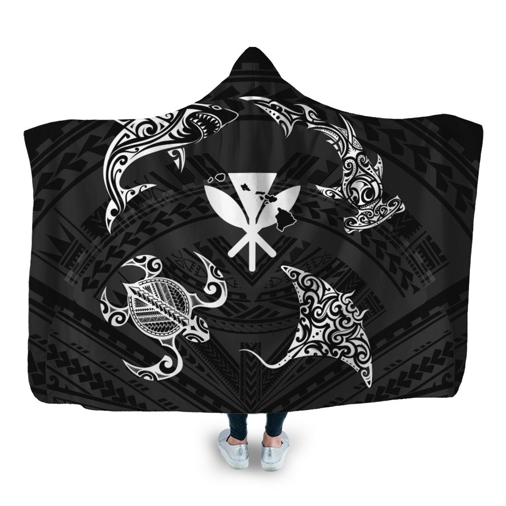 Polynesian Turtle Hammerhead Shark Ray Kanaka Hawaii Hooded Blanket Circle - AH Hooded Blanket White - Polynesian Pride