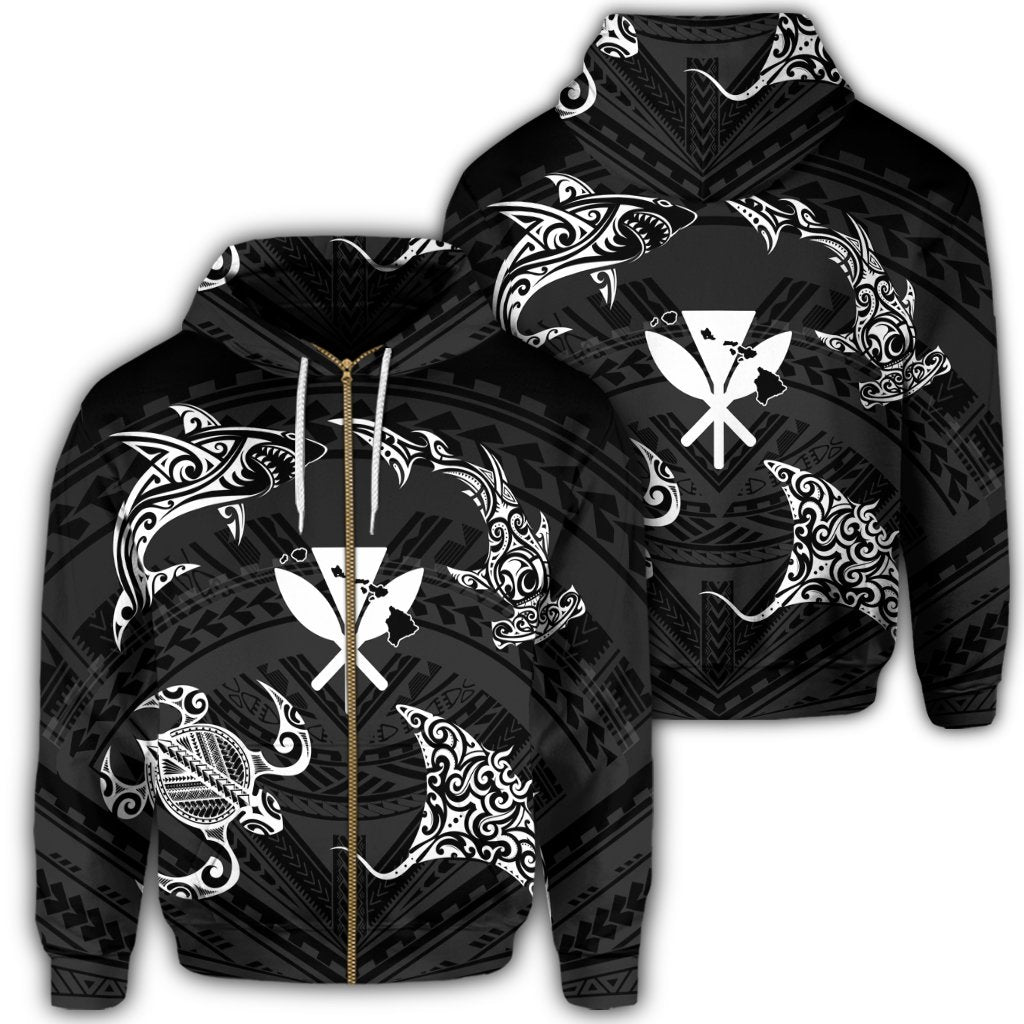 Polynesian Turtle Hammerhead Shark Ray Kanaka Hawaii Zip Hoodie Circle Unisex Art - Polynesian Pride