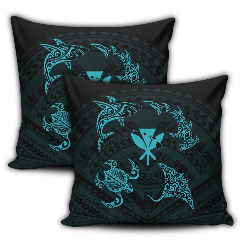 Polynesian Turtle Hammerhead Shark Ray Kanaka Hawaii Pillow Covers Circle Blue - AH - Polynesian Pride