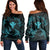 Polynesian Turtle Hammerhead Shark Ray Kanaka Hawaii Women's Off Shoulder Sweater Circle Blue - AH Black - Polynesian Pride