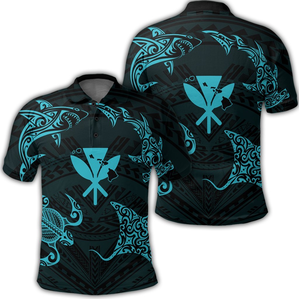 Polynesian Turtle Hammerhead Shark Ray Kanaka Hawaii Polo Shirt Circle Blue Unisex Black - Polynesian Pride