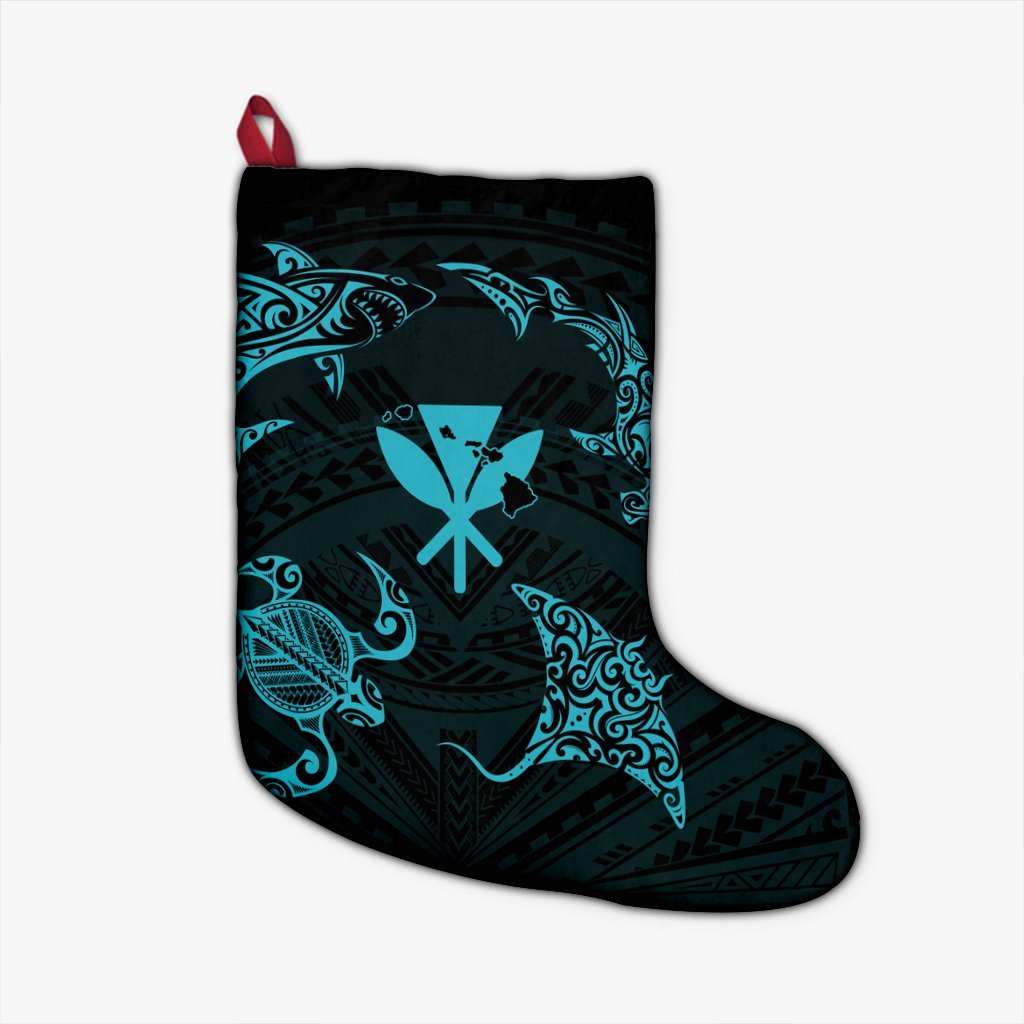 Polynesian Turtle Hammerhead Shark Ray Kanaka Hawaii Christmas Stocking Circle Blue - AH Christmas Stocking 26 X 42 cm Black - Polynesian Pride