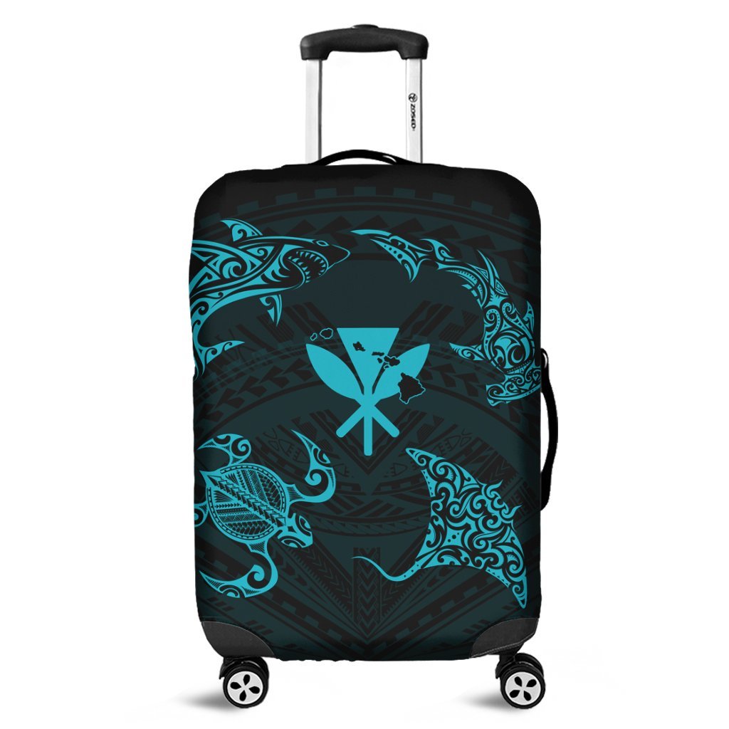 Polynesian Turtle Hammerhead Shark Ray Kanaka Hawaii Luggage Covers Circle Blue - AH Black - Polynesian Pride