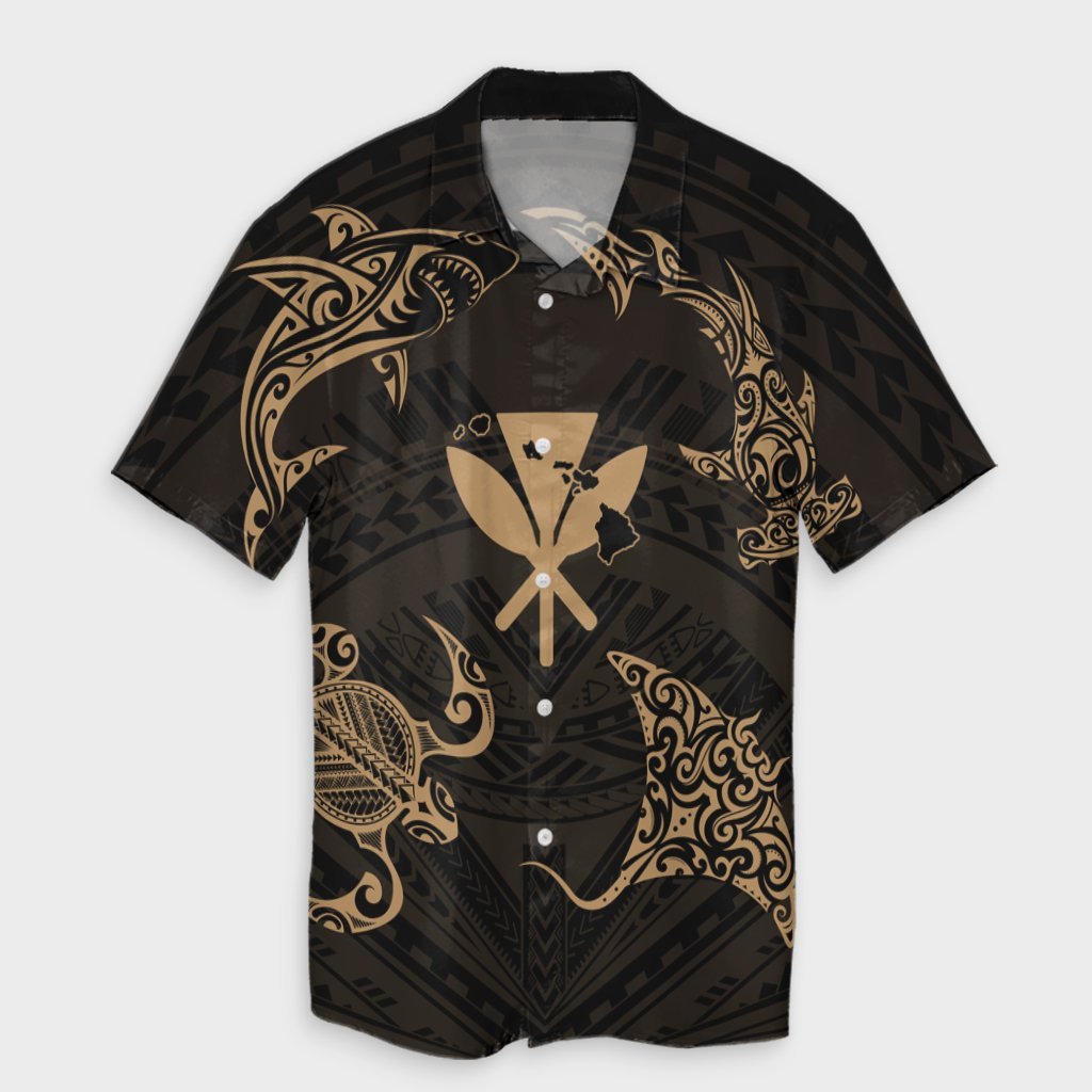 Polynesian Turtle Hammerhead Shark Ray Kanaka Hawaii Hawaiian Shirt Circle Gold - AH Unisex Black - Polynesian Pride