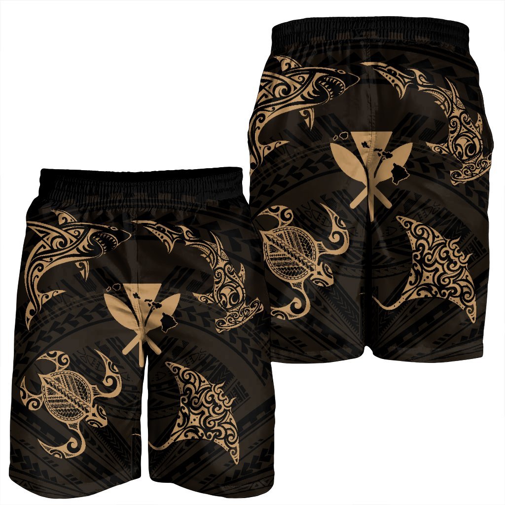 Polynesian Turtle Hammerhead Shark Ray Kanaka Hawaii Men's Shorts Circle Gold - AH - Polynesian Pride
