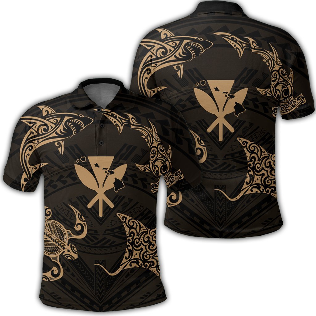 Polynesian Turtle Hammerhead Shark Ray Kanaka Hawaii Polo Shirt Circle Gold Unisex Black - Polynesian Pride