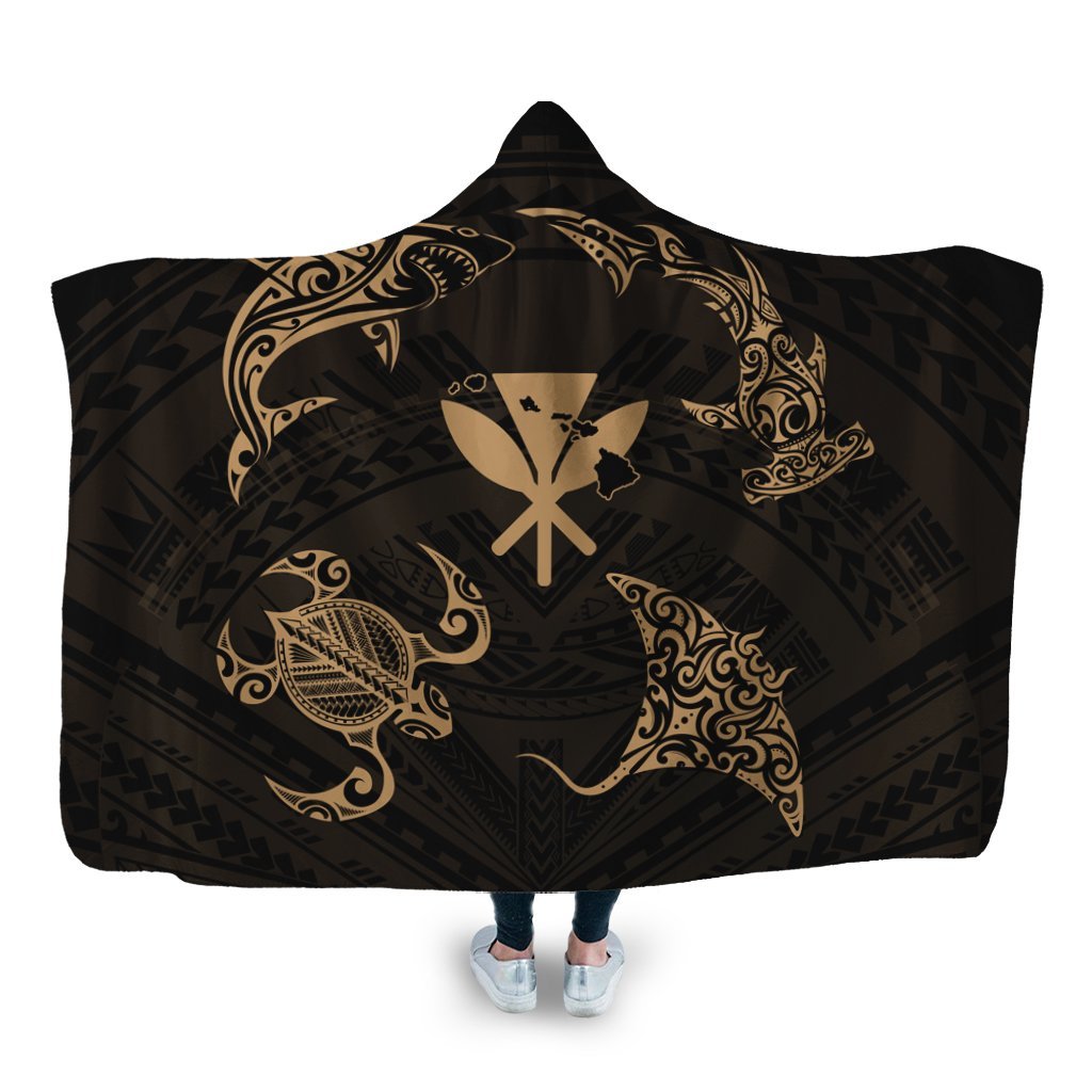 Polynesian Turtle Hammerhead Shark Ray Kanaka Hawaii Hooded Blanket Circle Gold - AH Hooded Blanket White - Polynesian Pride