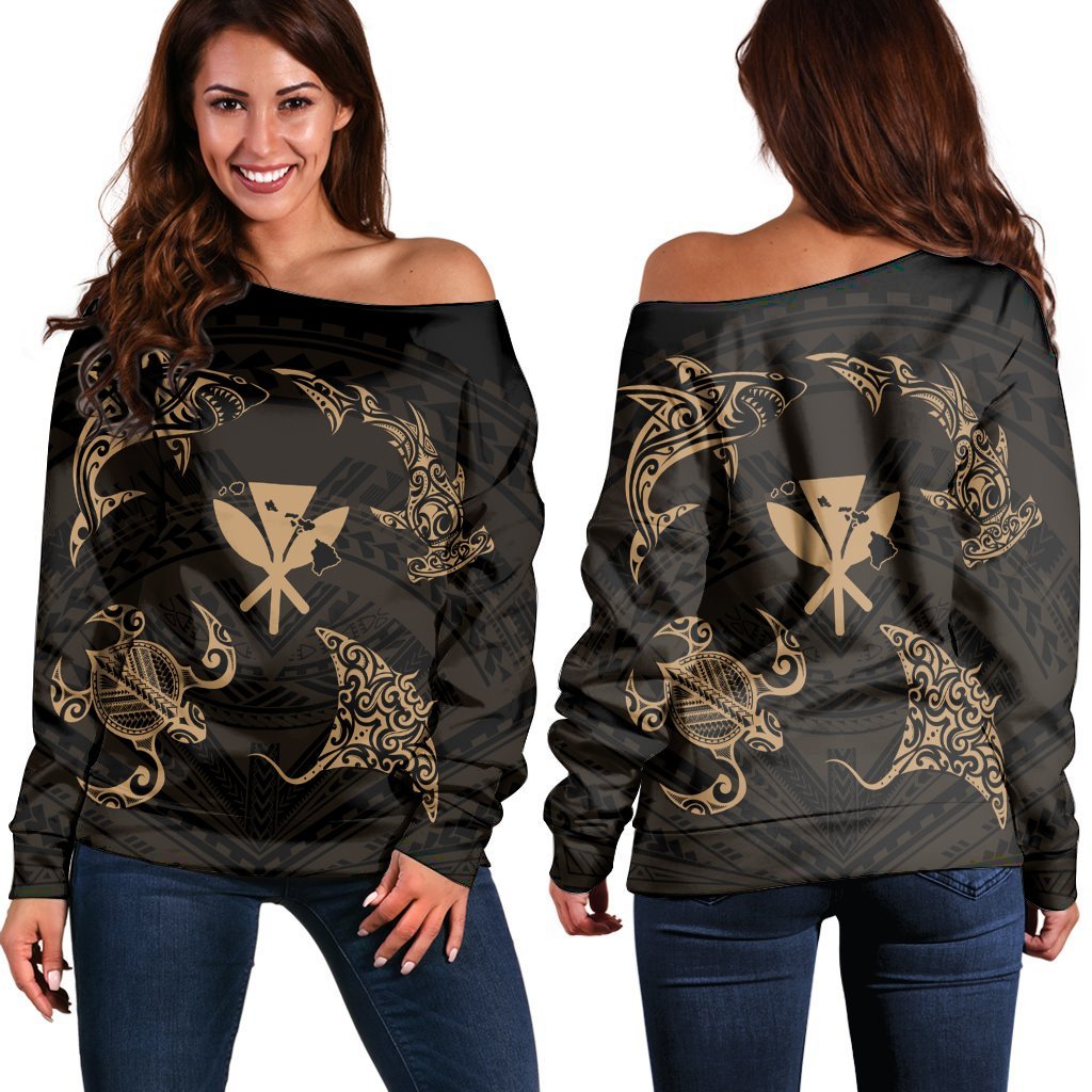 Polynesian Turtle Hammerhead Shark Ray Kanaka Hawaii Women's Off Shoulder Sweater Circle Gold - AH Black - Polynesian Pride