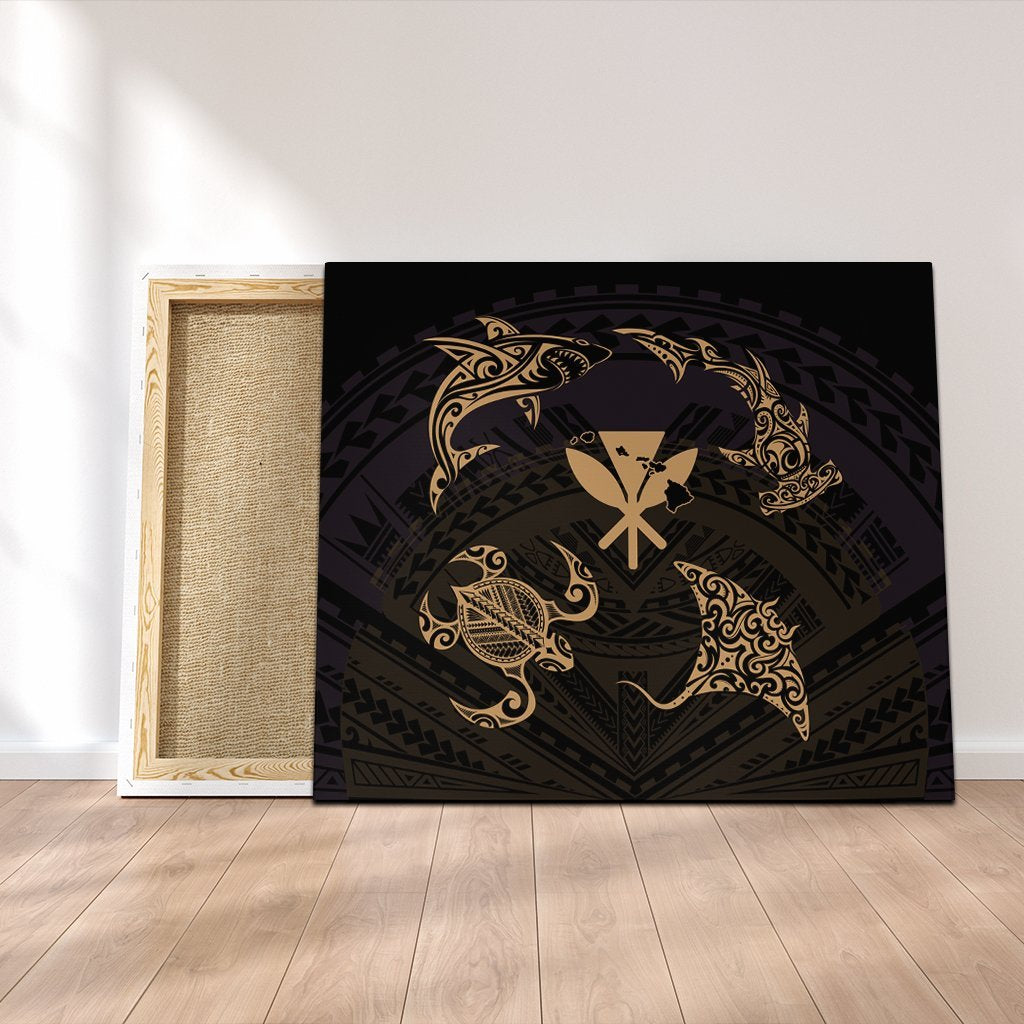 Polynesian Turtle Hammerhead Shark Ray Kanaka Hawaii Canvas Circle Gold - AH Canvas Poly-cotton - Polynesian Pride