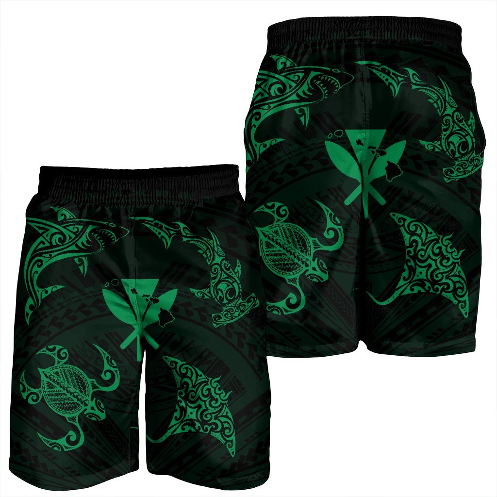 Polynesian Turtle Hammerhead Shark Ray Kanaka Hawaii Men's Shorts Circle Green - AH - Polynesian Pride