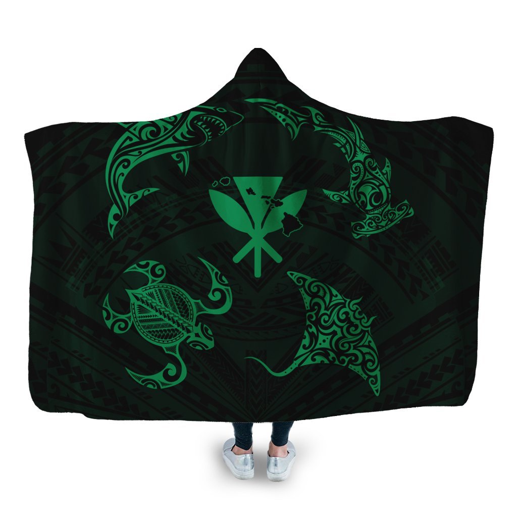 Polynesian Turtle Hammerhead Shark Ray Kanaka Hawaii Hooded Blanket Circle Green - AH Hooded Blanket White - Polynesian Pride