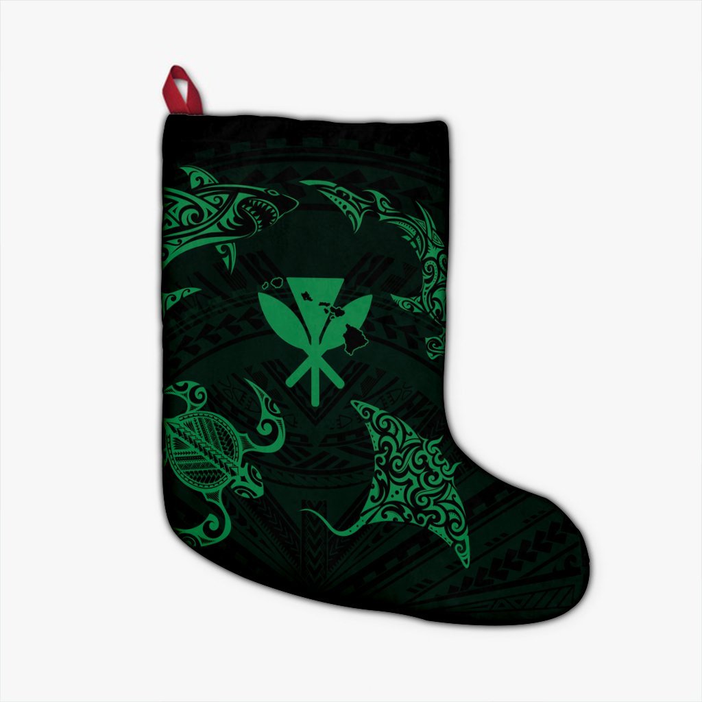 Polynesian Turtle Hammerhead Shark Ray Kanaka Hawaii Christmas Stocking Circle Green - AH Christmas Stocking 26 X 42 cm Black - Polynesian Pride