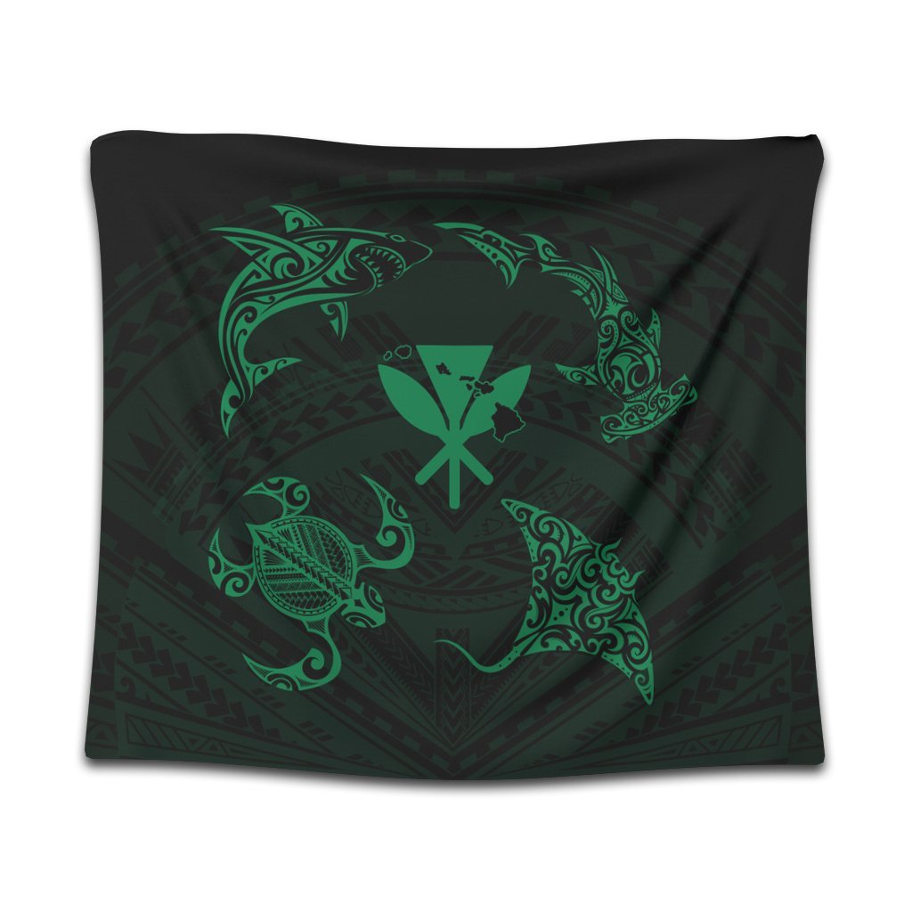 Polynesian Turtle Hammerhead Shark Ray Kanaka Hawaii Tapestry Circle Green - AH Wall Tapestry Black - Polynesian Pride