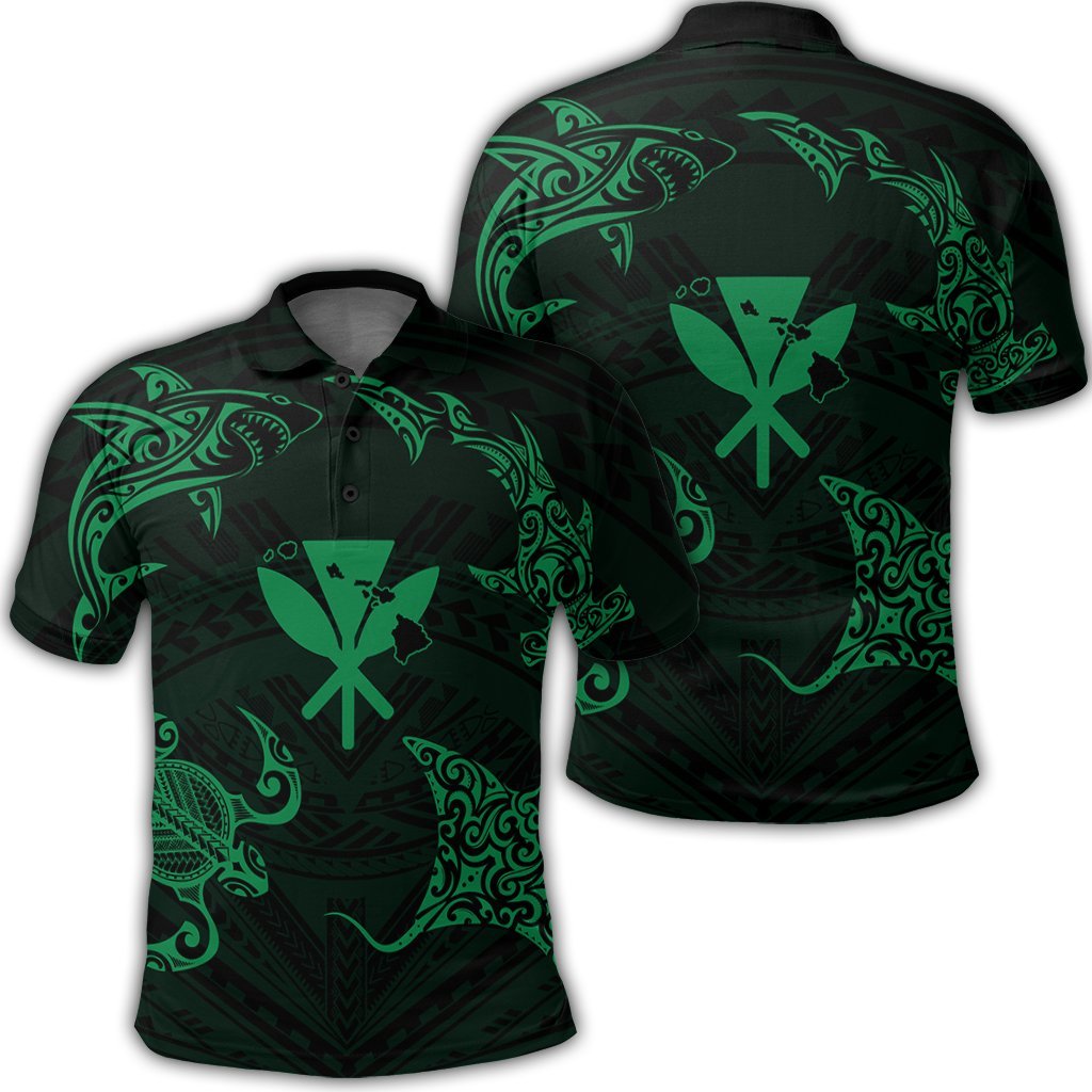 Polynesian Turtle Hammerhead Shark Ray Kanaka Hawaii Polo Shirt Circle Green Unisex Black - Polynesian Pride