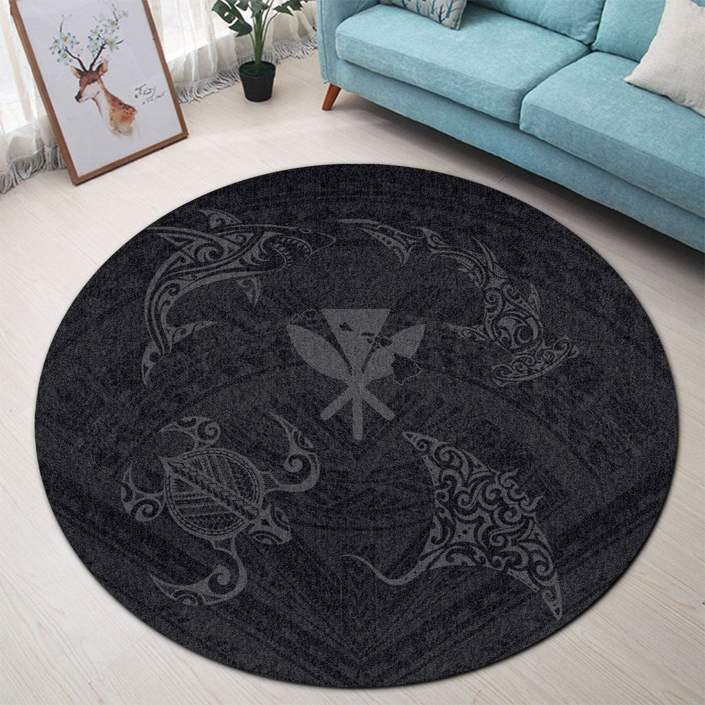 Polynesian Turtle Hammerhead Shark Ray Kanaka Hawaii Round Carpet Circle Grey - AH - Polynesian Pride