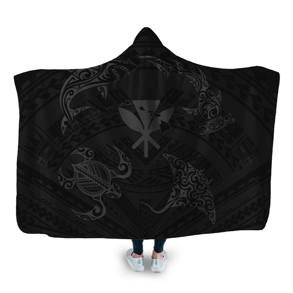 Polynesian Turtle Hammerhead Shark Ray Kanaka Hawaii Hooded Blanket Circle Grey - AH Hooded Blanket White - Polynesian Pride