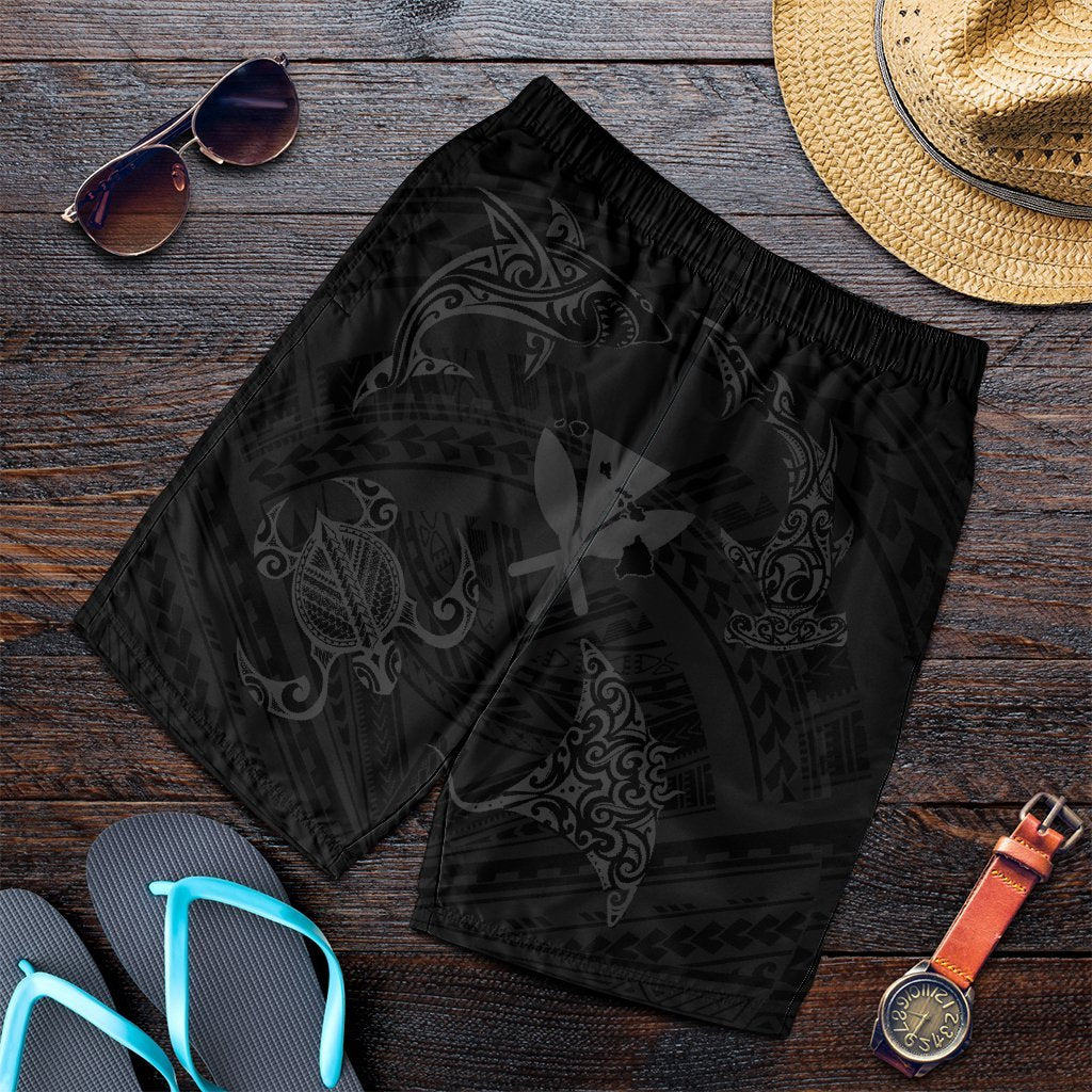 Polynesian Turtle Hammerhead Shark Ray Kanaka Hawaii Men's Shorts Circle Grey - AH Art - Polynesian Pride