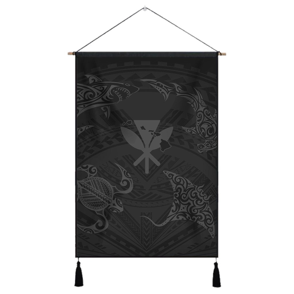 Polynesian Turtle Hammerhead Shark Ray Kanaka Hawaii Hanging Poster Circle Grey - AH Hanging Poster Cotton And Linen - Polynesian Pride