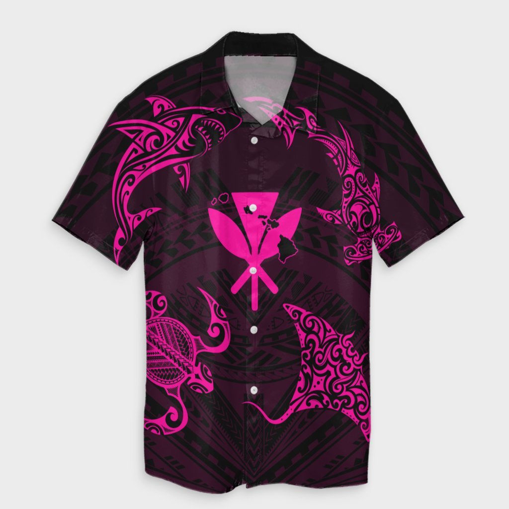 Polynesian Turtle Hammerhead Shark Ray Kanaka Hawaii Hawaiian Shirt Circle Pink - AH Unisex Black - Polynesian Pride