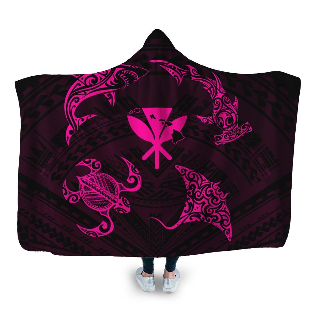 Polynesian Turtle Hammerhead Shark Ray Kanaka Hawaii Hooded Blanket Circle Pink - AH Hooded Blanket White - Polynesian Pride