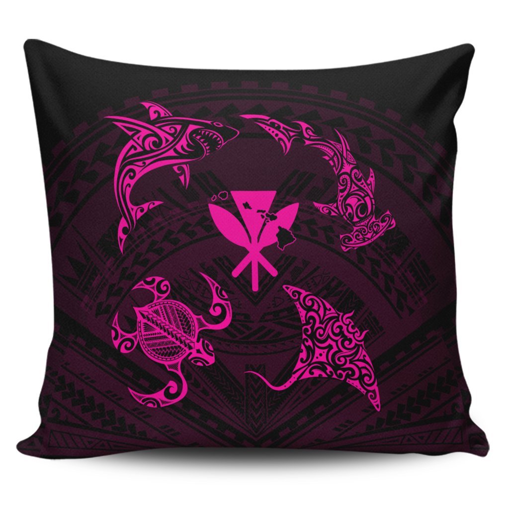 Polynesian Turtle Hammerhead Shark Ray Kanaka Hawaii Pillow Covers Circle Pink - AH Pillow Covers Black - Polynesian Pride