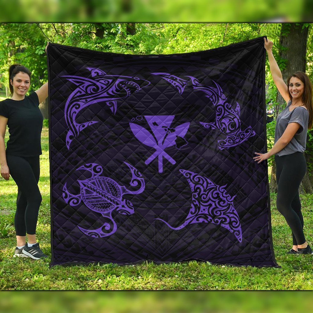 Polynesian Turtle Hammerhead Shark Ray Kanaka Hawaii Premium Quilts Circle Purple - AH Black - Polynesian Pride