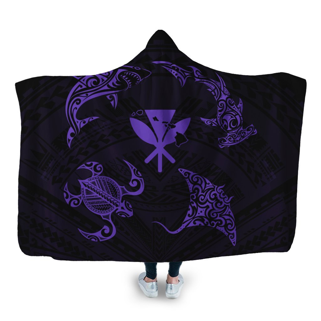 Polynesian Turtle Hammerhead Shark Ray Kanaka Hawaii Hooded Blanket Circle Purple - AH Hooded Blanket White - Polynesian Pride