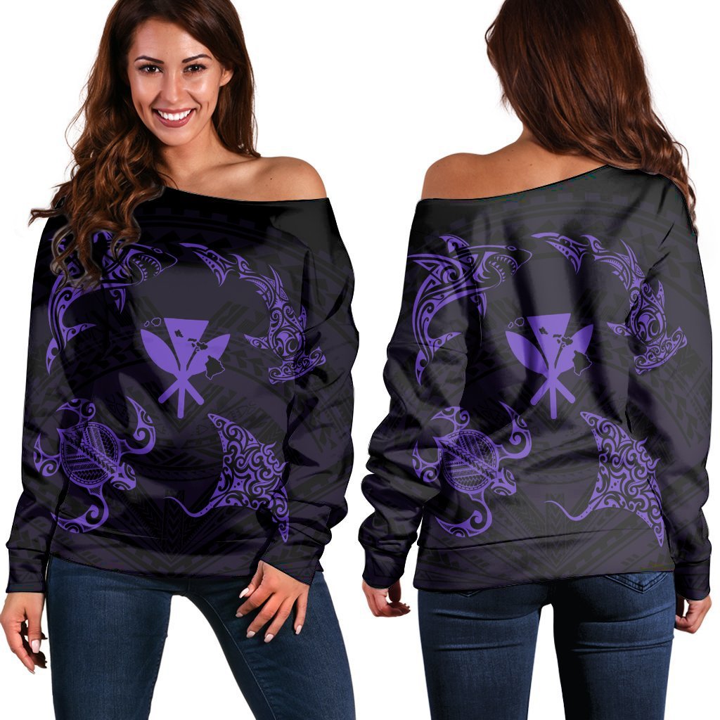 Polynesian Turtle Hammerhead Shark Ray Kanaka Hawaii Women's Off Shoulder Sweater Circle Purple - AH Black - Polynesian Pride